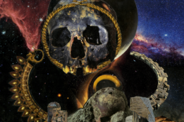 detail from top section of Hell #37: A giant skull-planetoid, missing it's lower jaw, with a gold circlet around it's face, floats above a temple made from the petrified body of a dead god. The temple has two wings, one made of gold and the other of stone, which arc back into the distance, forming two semi circles that keep the godhead in place. The temple itself has a halo of golden light, and the sky behind the temple is dark, full of stars and nebulae that are red on the left and blue on the right.